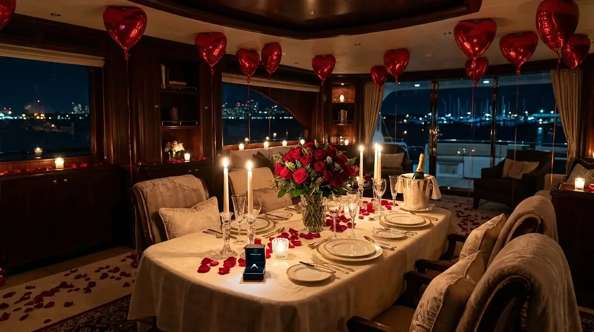 Yat içi kalp balonları ve mumlarla romantik masa